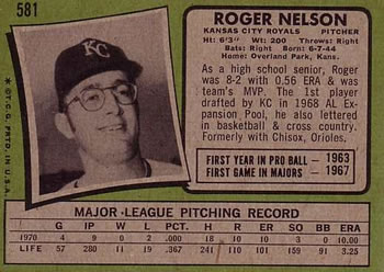 1971 Topps #581 Roger Nelson Back