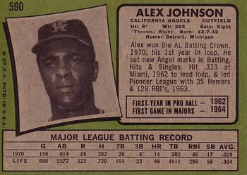 1971 Topps #590 Alex Johnson Back