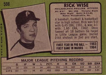 1971 Topps #598 Rick Wise Back