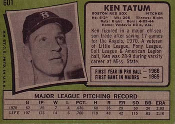 1971 Topps #601 Ken Tatum Back