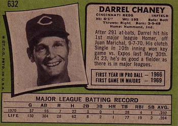 1971 Topps #632 Darrel Chaney Back