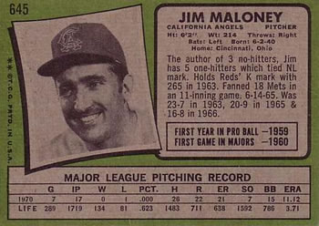 1971 Topps #645 Jim Maloney Back