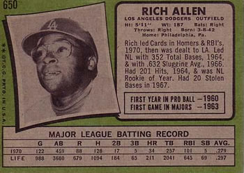 1971 Topps #650 Rich Allen Back