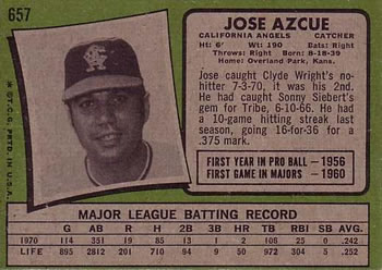 1971 Topps #657 Jose Azcue Back