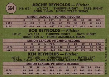 1971 Topps #664 Pitchers 1971 Rookie Stars (Archie Reynolds / Bob Reynolds / Ken Reynolds) Back