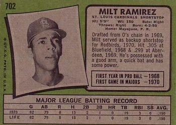 1971 Topps #702 Milt Ramirez Back