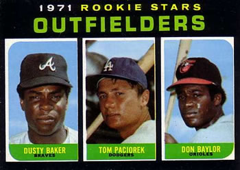 1971 Topps #709 Outfielders 1971 Rookie Stars (Dusty Baker / Tom Paciorek / Don Baylor) Front