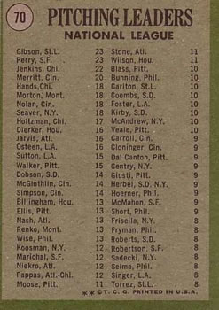1971 Topps #70 1970 National League Pitching Leaders (Bob Gibson / Gaylord Perry / Fergie Jenkins) Back