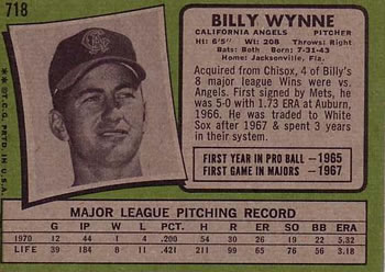 1971 Topps #718 Billy Wynne Back