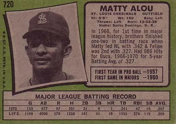 1971 Topps #720 Matty Alou Back