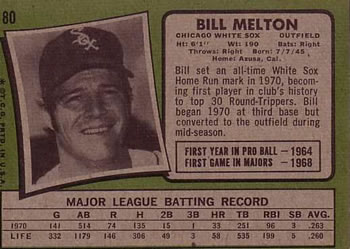 1971 Topps #80 Bill Melton Back