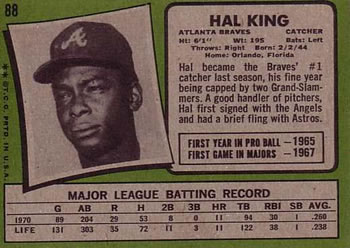 1971 Topps #88 Hal King Back