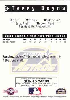 1994 Classic Best Auburn Astros #3 Terry Beyna Back
