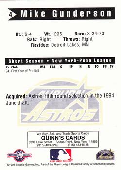 1994 Classic Best Auburn Astros #4 Mike Gunderson Back