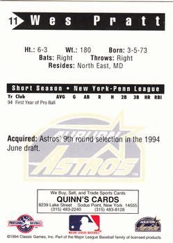 1994 Classic Best Auburn Astros #11 Wes Pratt Back