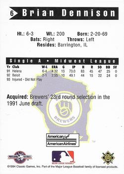1994 Classic Best Beloit Brewers #6 Brian Dennison Back