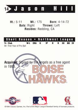 1994 Classic Best Boise Hawks #14 Jason Hill Back