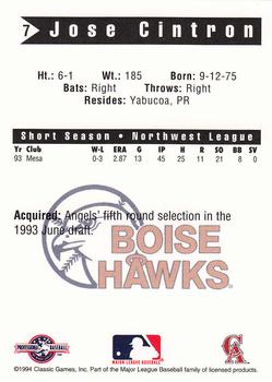 1994 Classic Best Boise Hawks #7 Jose Cintron Back