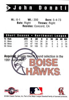 1994 Classic Best Boise Hawks #9 John Donati Back