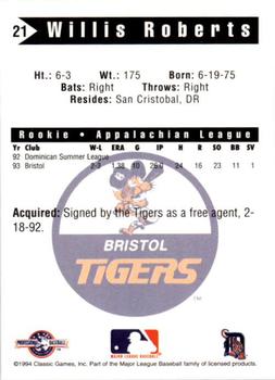 1994 Classic Best Bristol Tigers #21 Willis Roberts Back