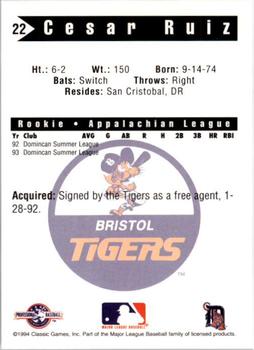 1994 Classic Best Bristol Tigers #22 Cesar Ruiz Back