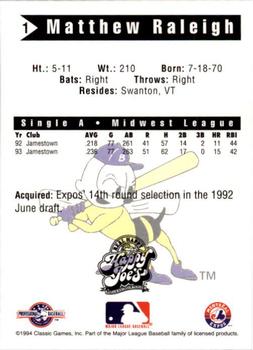 1994 Classic Best Burlington Bees #1 Matthew Raleigh Back