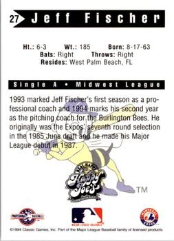 1994 Classic Best Burlington Bees #27 Jeff Fischer Back