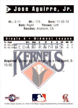 1994 Classic Best Cedar Rapids Kernels #2 Jose Aguirre  Back