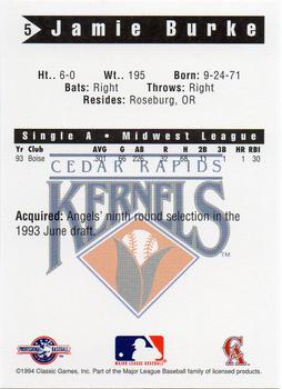 1994 Classic Best Cedar Rapids Kernels #5 Jamie Burke Back