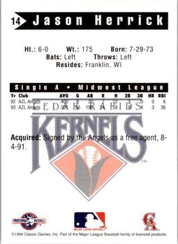 1994 Classic Best Cedar Rapids Kernels #14 Jason Herrick Back