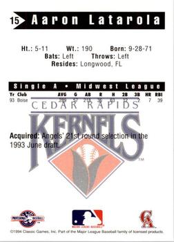 1994 Classic Best Cedar Rapids Kernels #15 Aaron Iatarola Back