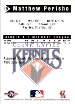 1994 Classic Best Cedar Rapids Kernels #19 Matthew Perisho Back