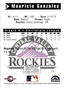 1994 Classic Best Central Valley Rockies #8 Mauricio Gonzalez Back