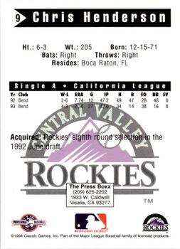 1994 Classic Best Central Valley Rockies #9 Chris Henderson Back
