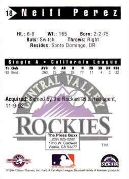 1994 Classic Best Central Valley Rockies #18 Neifi Perez Back