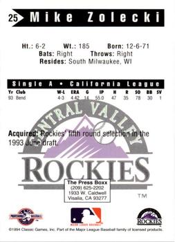 1994 Classic Best Central Valley Rockies #25 Mike Zolecki Back