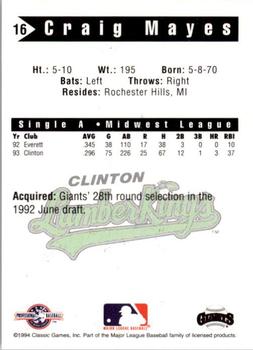 1994 Classic Best Clinton LumberKings #16 Craig Mayes Back