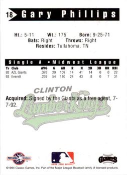 1994 Classic Best Clinton LumberKings #18 Gary Phillips Back