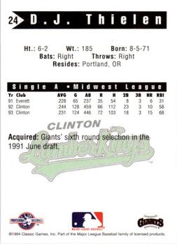 1994 Classic Best Clinton LumberKings #24 D.J. Thielen Back