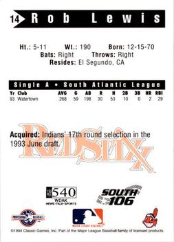 1994 Classic Best Columbus Redstixx #14 Rob Lewis Back