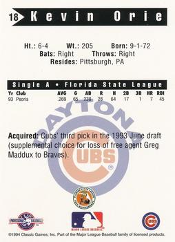 1994 Classic Best Daytona Cubs #18 Kevin Orie Back
