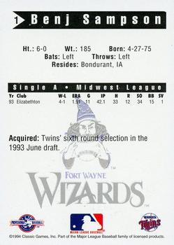 1994 Classic Best Fort Wayne Wizards #1 Benj Sampson Back