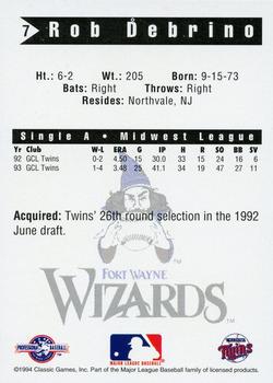 1994 Classic Best Fort Wayne Wizards #7 Rob Debrino Back