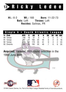 1994 Classic Best Greensboro Bats #13 Ricky Ledee Back