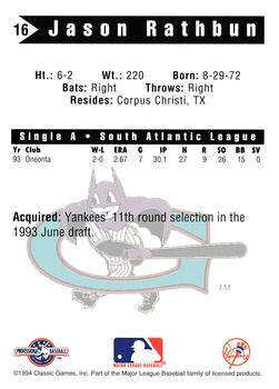 1994 Classic Best Greensboro Bats #16 Jason Rathbun Back