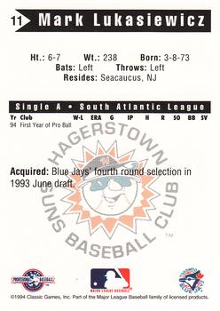1994 Classic Best Hagerstown Suns #11 Mark Lukasiewicz Back