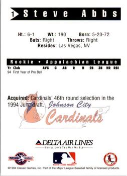 1994 Classic Best Johnson City Cardinals #1 Steve Abbs Back