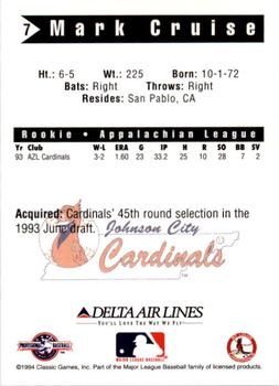 1994 Classic Best Johnson City Cardinals #7 Mark Cruise Back