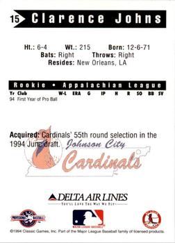 1994 Classic Best Johnson City Cardinals #15 Clarence Johns Back