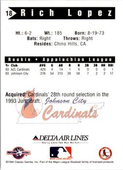 1994 Classic Best Johnson City Cardinals #18 Rich Lopez Back